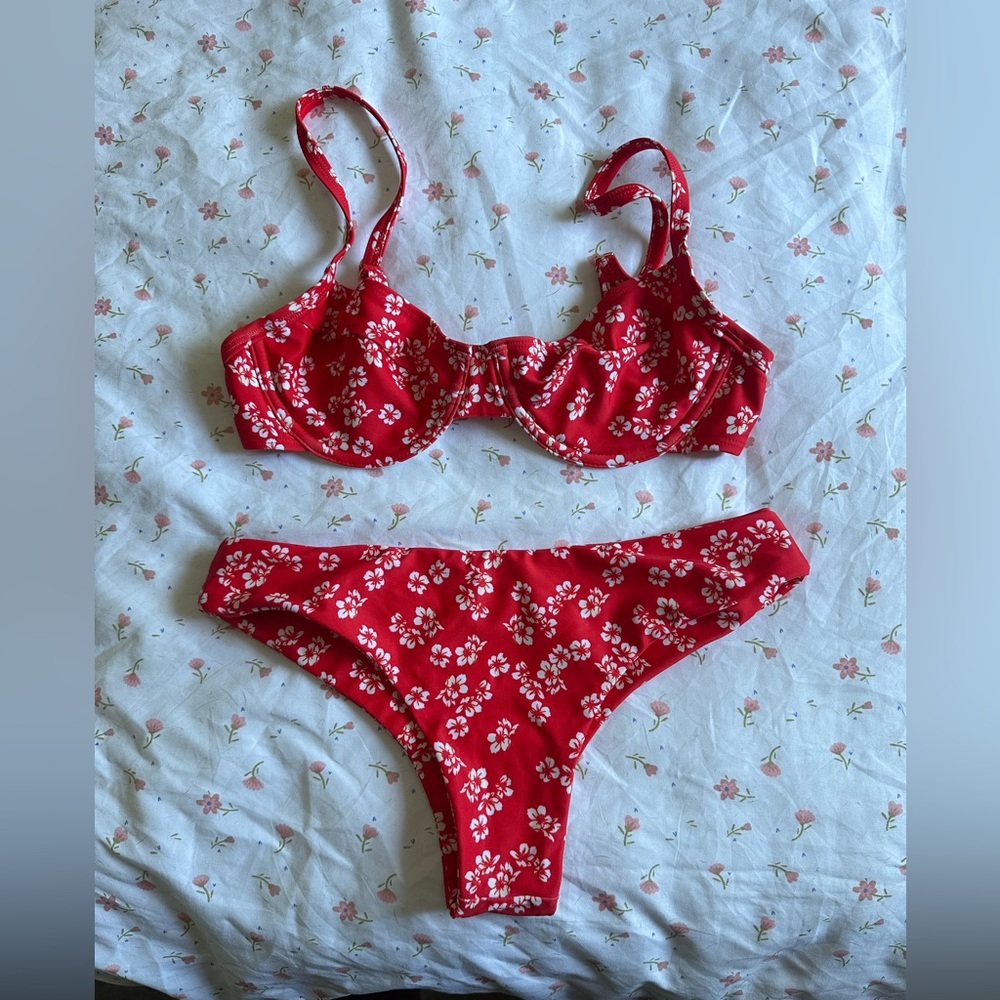 Kulani Kinis Red and White Bikini Set with Floral Design. Cheeky bottoms